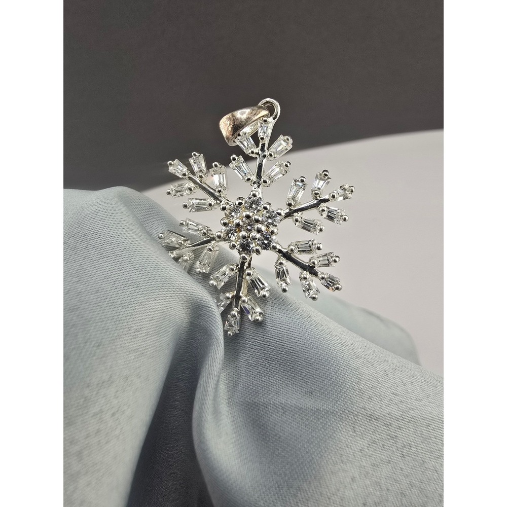 Vintage Estate Snowflake Pendant Sterling Silver Baguette Round Stones 1.25in